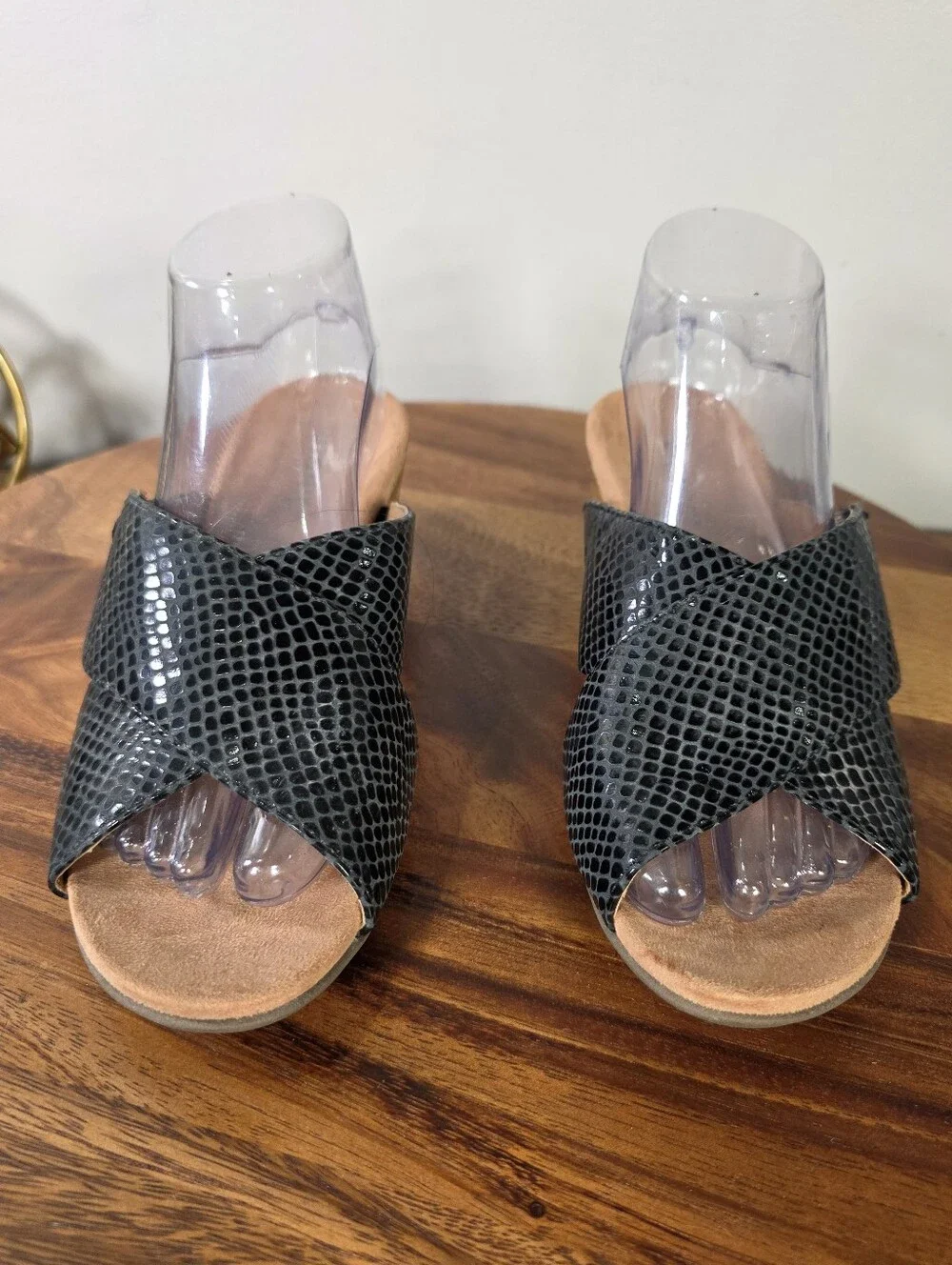 Vionic Leticia Black Snake Print Leather Wedge Slide Sandals Women's Size 7